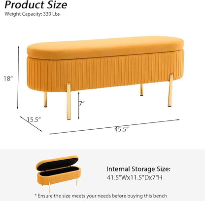 Velvet Storage Bench for Bedroom Upholstered End of Bed Bench Modern Ottoman with Gold Legs for Living Room/WindowEntryway (Mustard Yellow, Oval-45.5" W)