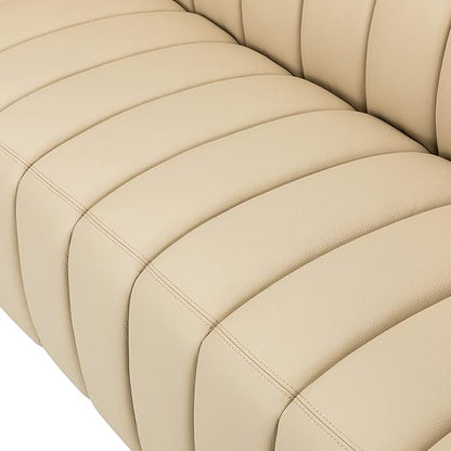 HULALA HOME 83" Genuine Leather Sofa with Channel Tufted Design, 3-Seater Sofa for Living Room Bedroom, Modern Oversized Couch with Wood Legs, Beige