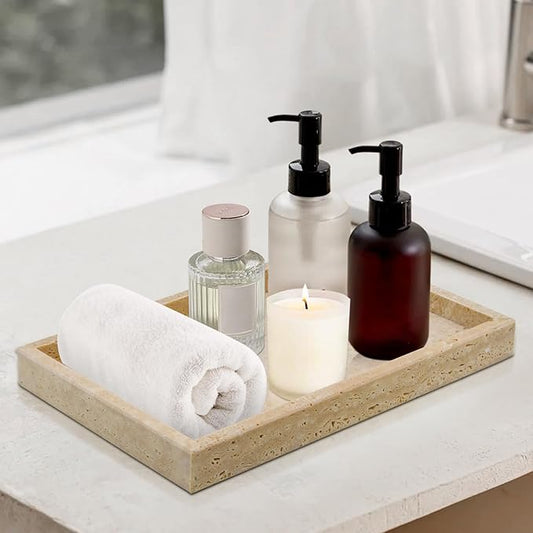 Travertine Tray,Bathroom Vanity Tray Non-Ceramic/Non-Resin,Marble Perfume Tray 12 x 8 inch (Travertine)
