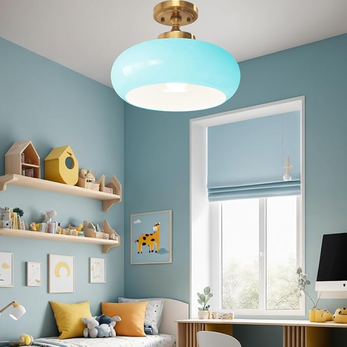 Mid Century Modern Flush Mount Ceiling Light Vinatage 11.02" Blue Glass Shade Brass Finish Ceiling Light Fixture Closet Overhead Light for Bathroom Kitchen Passway