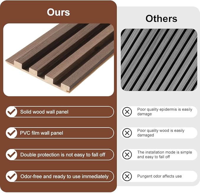 2PCS Wood Slat Acoustic Wall Panels for Ceiling and Wall Decor 3D Fluted Sound Absorbing Textured Panel with Wood Finish 108"×6" (Cherry Dark)