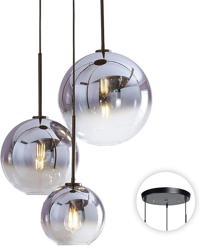 KCO Lighting Modern 3-Light Hanging Light Fixture Silver Gradient Glass Globe Pendant Ceiling Lighting with Adjustable Cord Mid Century Hanging Chandelier Light Fixture for Kitchen Island Bedroom…