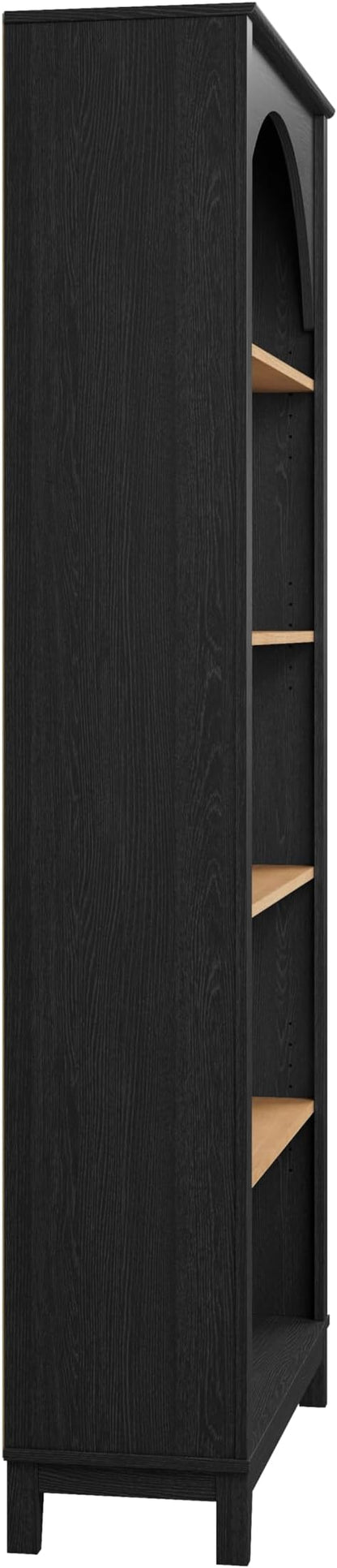 Prepac Ark 78" Tall 5-Tier Arched Bookcase, Black Oak with Oak Finish Interior, Modern Storage Accent Bookshelf with 3 Adjustable Shelves for Home, Office, Living Room, Bedroom