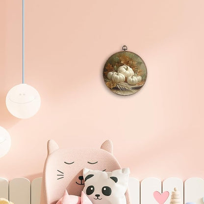 Hxlac Vintage Fall Pumpkin Maple Leaves Round Wall Art Framed, Vintage Autumn Pumpkin Round Wall Decor, Fall Halloween Hanging Canvas Prints Wall Sculptures for Farmhouse Home Decor, 10x10 Inch