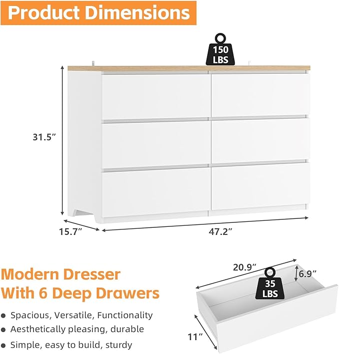 Dresser for Bedroom,Modern Large Wood Dresser,6 Chest of Drawers,Living Room,Hallway,Entryway,TV Stand Drawer Organizer(White&Natural)