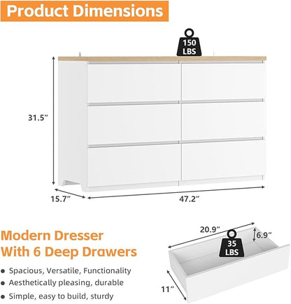 Dresser for Bedroom,Modern Large Wood Dresser,6 Chest of Drawers,Living Room,Hallway,Entryway,TV Stand Drawer Organizer(White&Natural)