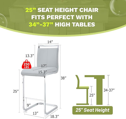 Bar Stools Set of 6, 25" Counter Height, Light Grey Faux Leather, Chrome Plated Metal Leg Dining Chair