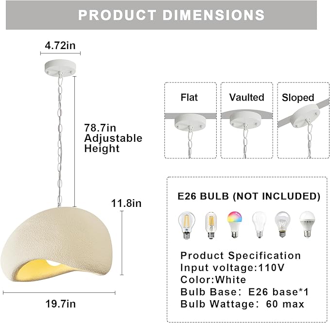 Wabi Sabi Pendant Lights,19.7in White Modern Pendant Light Resin Hanging Lamp Kitchen Island Lighting Modern Japandi Chandelier for Dining Room Bedroom Hallway Restaurant Foyer