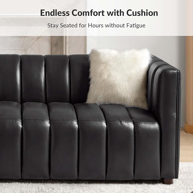 HULALA HOME 83" Genuine Leather Sofa with Channel Tufted Design, 3-Seater Sofa for Living Room Bedroom, Modern Oversized Couch with Wood Legs, Black