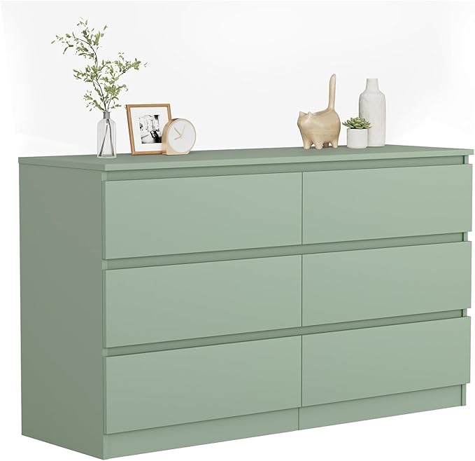 6 Drawer Dresser for Bedroom,Wide Wood Dresser,Farmhouse Large Bedroom Dressers with Drawers,Chest of Drawers for Living Room,Hallway,Closet(Green)