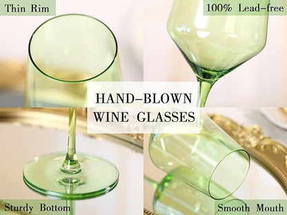 Physkoa Green Wine Glasses Set of 6-15oz Hand Blown Spring Wine Glasses Crystal Colored Glassware with Long Stem, Wedding, Birthday Gift