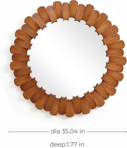 LuxenHome 35-Inch Round Wood Wall Mirror for Lving Room, Vintage Circle Decorative Vanity Mirror with Petal Frame, Wall Mounted Hanging Sculptures for Bathroom Bedroom Entryway Home Decoration