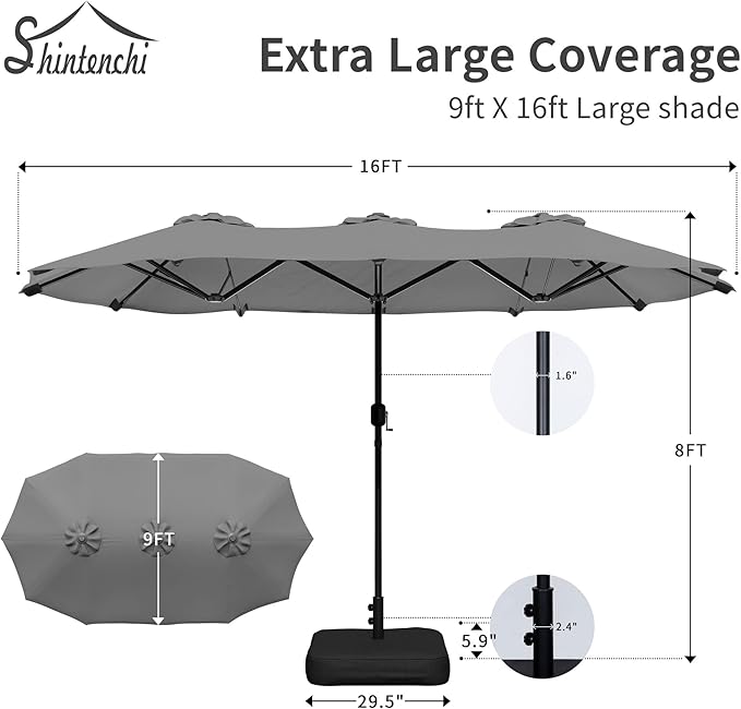 Shintenchi 16FT Large Patio Umbrella with Base, Outdoor Double-Sided Rectangular Umbrella, Market Umbrella with Crank Handle for Poolside Lawn Garden, Gray