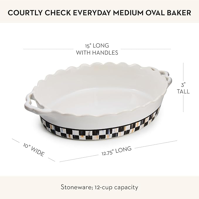 MACKENZIE-CHILDS Everyday Oval Casserole Baker, Cute Oven Baker, Medium, Black-and-White Courtly Check