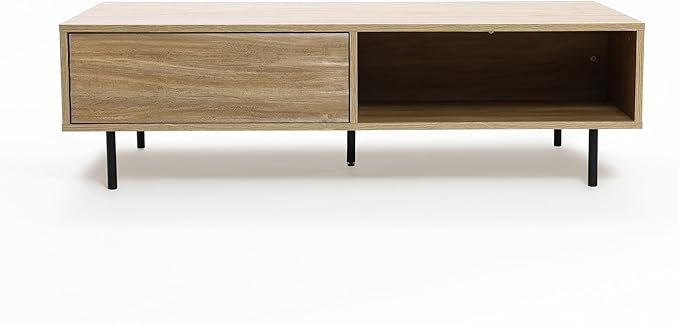 LuxenHome Mid-Century Modern Coffee Table with Storage, Wave Design Farmhouse Wood Center Table with Metal Legs, Open Shelf & Drawer, Accent Tea Table for Living Room, Rustic & Functional Design