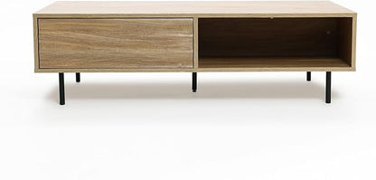 LuxenHome Mid-Century Modern Coffee Table with Storage, Wave Design Farmhouse Wood Center Table with Metal Legs, Open Shelf & Drawer, Accent Tea Table for Living Room, Rustic & Functional Design