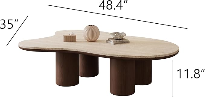 48.42" Cloud Coffee Table for Living Room, Mid-Century Modern Coffee Table with Wood Legs, Unique Travertine Stone Top Living Room Table Large Tea Table for Home Office