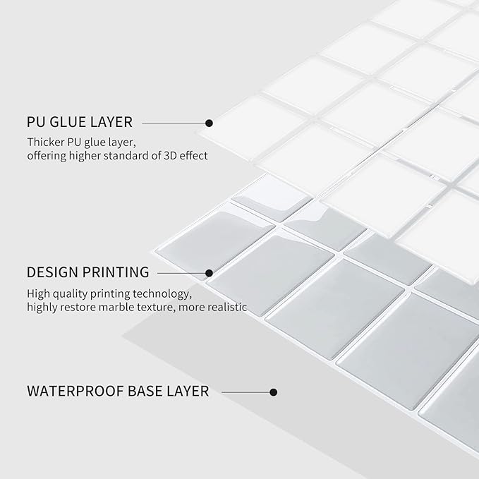 Alwayspon 10 Sheets 10"x10" Grey 3D Vinyl Backsplash Tiles, Self-Adhesive Peel and Stick Wall Tile Stickers Stick on Subway Tiles for Kitchen Bathroom Wall
