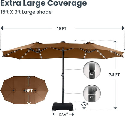 PHI VILLA 15ft Large Patio Umbrella with Solar Lights, Double-Sided Outdoor Market Rectangle Umbrellas with 36 LED Lights, Umbrella Base (Stand) Included, Maillard Brown