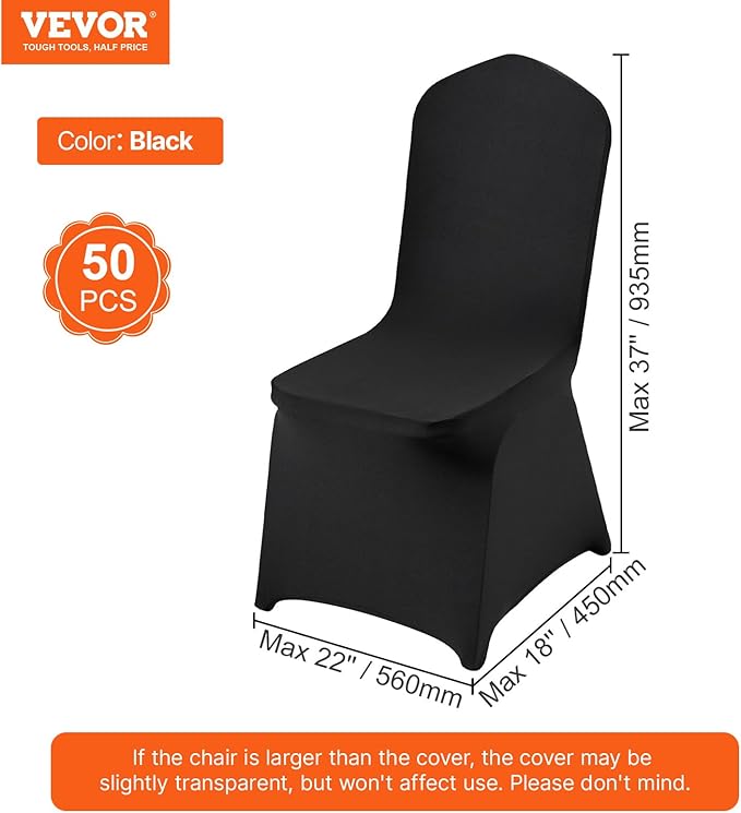 VEVOR 50 Pcs Black Chair Covers Polyester Spandex Stretch Slipcovers for Wedding Party Dining Banquet Arched-Front Chair Covers