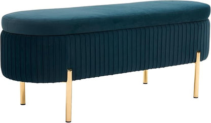 Velvet Storage Bench for Bedroom Upholstered End of Bed Bench Modern Ottoman with Gold Legs for Living Room/Window/Entryway (Teal/Blue-Green, Oval-45.5" W)