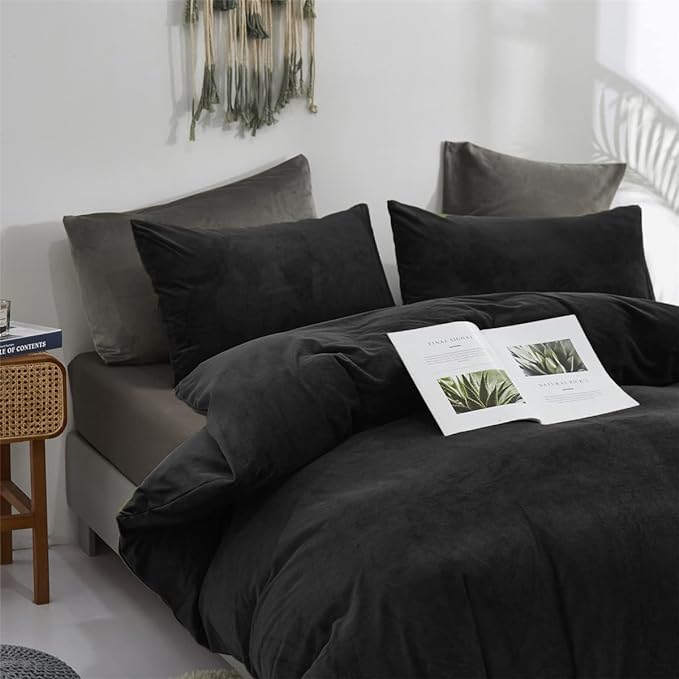 Pureant Black Fluffy Comforter Set Queen Solid Velvet Bedding Comforters Plain Flannel Bed Quilts Women Men Modern All Soft Cozy Blankets Micromink Sherpa Health,Queen(90''*90''-Comforter)