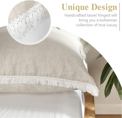 Simple&Opulence 100% Linen Euro Sham Pillow Covers Belgian Flax-Set of 2, Decorative Pillow Cover with Tassels, Boho Shabby Chic Style for Couch/Bed, Natural Linen, 26" x 26"