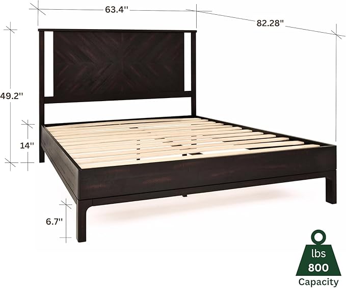 Bme Vivian 14 Inch Deluxe Bed Frame with Headboard, Rustic & Scandinavian Style with Solid Acacia Wood, No Box Spring Needed, 12 Strong Wood Slat Support, Easy Assembly, Queen, Rustic Black