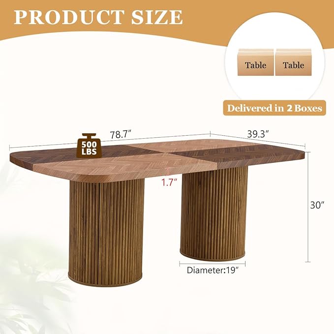 78.7" Extra Long Dining Table for 6-10 People, Farmhouse Kitchen Table with Cylindrical Fluted Bases, Modern Rectangular Dining Table for Dining Room, Kitchen, Living Room