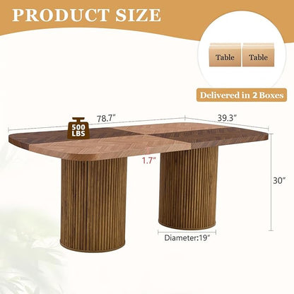 78.7" Extra Long Dining Table for 6-10 People, Farmhouse Kitchen Table with Cylindrical Fluted Bases, Modern Rectangular Dining Table for Dining Room, Kitchen, Living Room