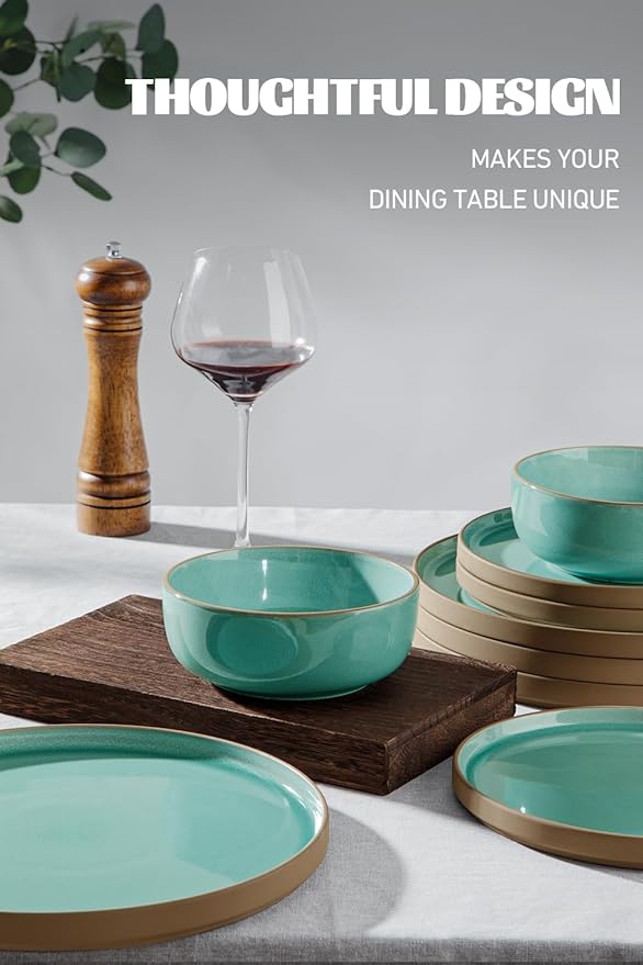 Famiware Nature Plates and Bowls Sets, 12 Pieces Stoneware Dinnerware Sets, Dishes Set for 4, Dishware Sets, Microwave and Dishwasher Safe, Verdure