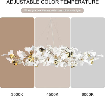 59in Gold Branch Chandelier, Modern White Ginkgo Leaf Chandeliers, Hanging Brass Gold Chandelier Pendant Light Fixture for Living Room, Dining Room 10-Light