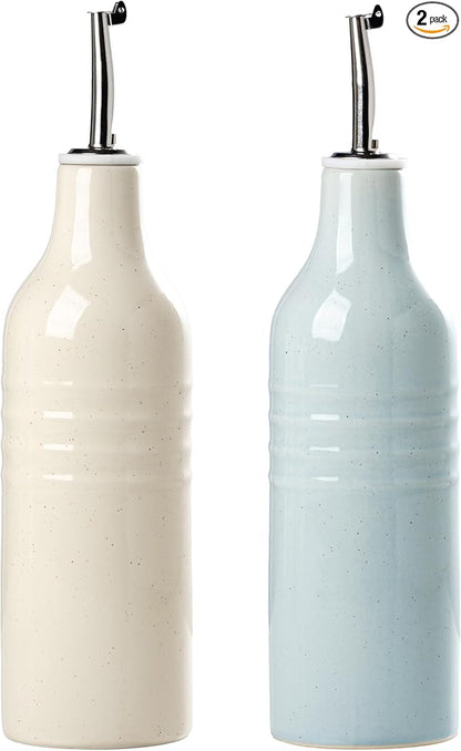 famiware Jupiter 16oz Ceramic Olive Oil Dispenser Bottle, Oil and Vinegar Dispenser Bottle Set of 2 with Stainless Steel Pourers, Suitable for Storage Vinegar, Liquids, Light Blue & Vanilla White