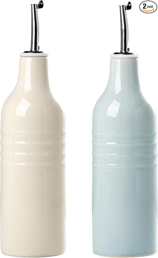 famiware Jupiter 16oz Ceramic Olive Oil Dispenser Bottle, Oil and Vinegar Dispenser Bottle Set of 2 with Stainless Steel Pourers, Suitable for Storage Vinegar, Liquids, Light Blue & Vanilla White