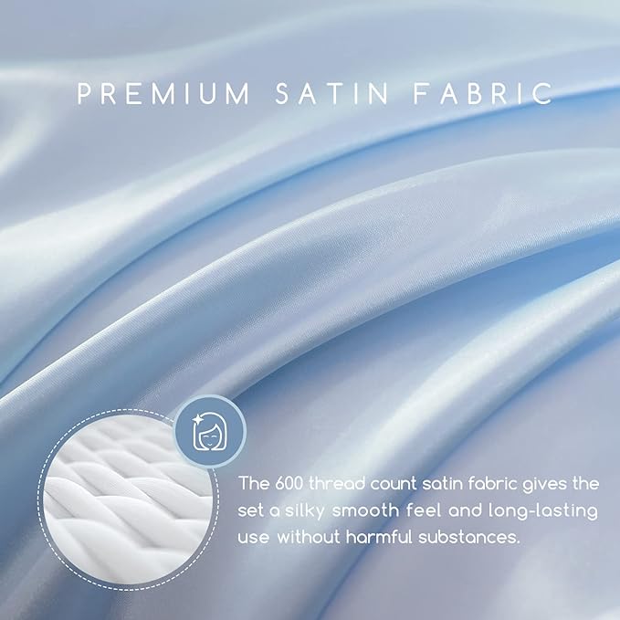 MR&HM Satin Bed Sheets, Queen Size Sheets Set, 4 Pcs Silky Bedding Set with 15 Inches Deep Pocket for Mattress (Queen, Light Blue)