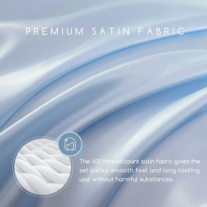 MR&HM Satin Bed Sheets, Queen Size Sheets Set, 4 Pcs Silky Bedding Set with 15 Inches Deep Pocket for Mattress (Queen, Light Blue)