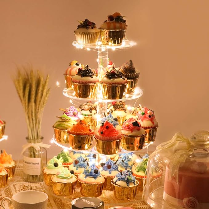 YestBuy 4 Tier Round Cupcake Stand, Cupcake Holder, 4 Tier Cupcake, Acrylic Cake Tower Stand Display for Pastry + LED Light String, Ideal for Weddings, Birthday Parties (Yellow)