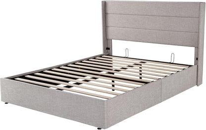 Allewie Queen Size Lift Up Storage Bed, Modern Wingback Headboard, Hydraulic Support, No Box Spring Needed, Light Beige
