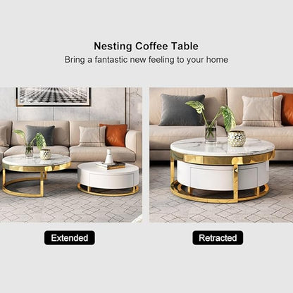 homary Round Lift-Top Coffee Table with Storage, White Faux Marble Nesting Coffee Tables with Rotatable Drawers for Living Room