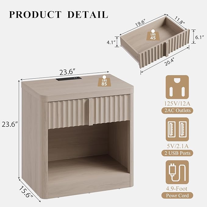 Fluted Nightstand Set of 2 with Charging Station, 23.6" Wood End Table with Solid Wood Handle, Curved Profile Design, Mid Century Moden Bedside Table for Bedroom, White Alder