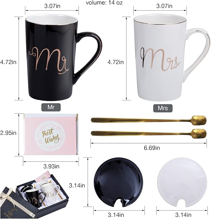 Jumway Mr and Mrs Coffee Mugs Set - Unique Wedding Gifts For Bride and Groom - His and Hers Anniversary Present Husband and Wife -Engagement Gifts For Him Her For Parents for Valentine's day