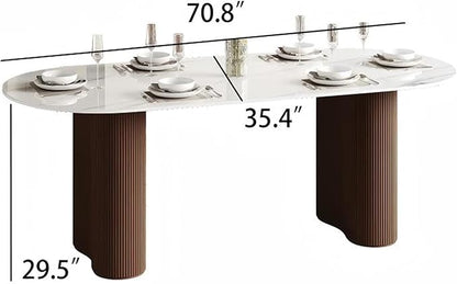 71" Modern Oval Dining Table for 6, Glossy White Sintered Stone Dining Tabletop with Brown Dual-Pedestal, Easy Assembly Dining Room Table for Home Kitchen (Table Only)