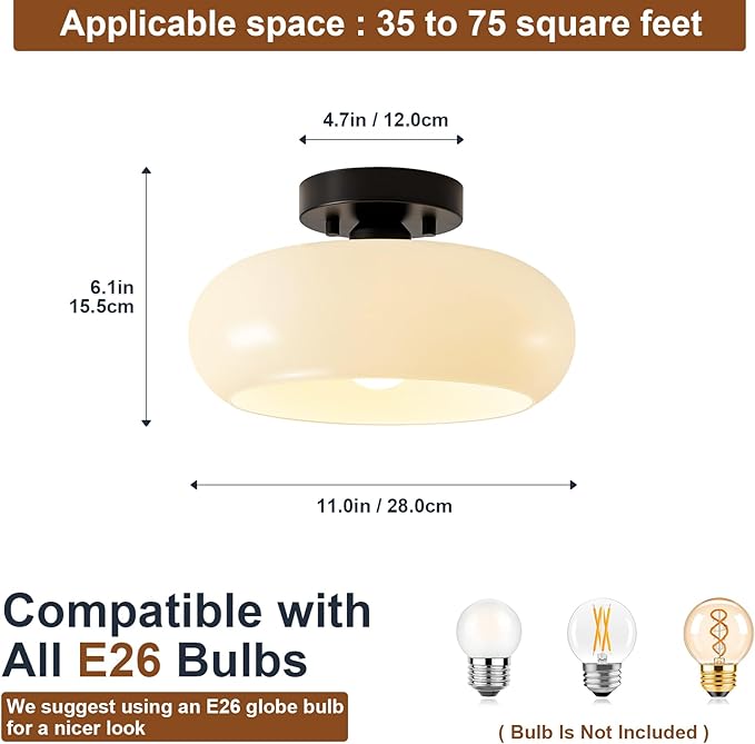 Mid-Century Modern Semi Flush Mount Ceiling Light, Metal Kitchen Light Fixture with Glass Shade,Vintage White and Black Colse to Ceiling Lamp for Entryway Hallway Bathroom (11.0 Inch)