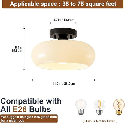 Mid-Century Modern Semi Flush Mount Ceiling Light, Metal Kitchen Light Fixture with Glass Shade,Vintage White and Black Colse to Ceiling Lamp for Entryway Hallway Bathroom (11.0 Inch)