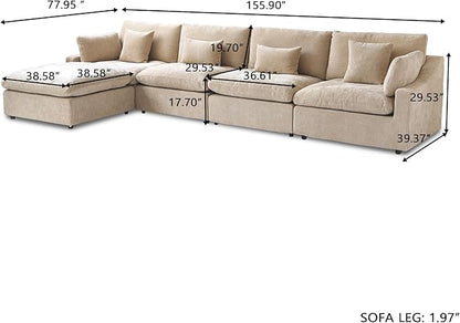 Cloud Couch Modular Sectional Sofa,156" L Shaped Couch, Oversized Down Filled Convertible Wide Seater,4 Seater with Ottoman for Living Room Set, Covers Washable&Replaceable,Khaki