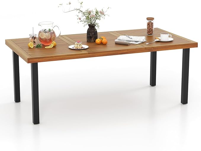 Tangkula 79 Inch Acacia Wood Dining Table, 8-Person Patio Table for Outdoors & Indoors, Rustic Rectangular Bistro Table with 1.9” Umbrella Hole, Metal Legs & Adjustable Foot Pads