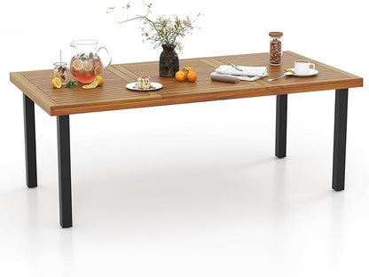 Tangkula 79 Inch Acacia Wood Dining Table, 8-Person Patio Table for Outdoors & Indoors, Rustic Rectangular Bistro Table with 1.9” Umbrella Hole, Metal Legs & Adjustable Foot Pads