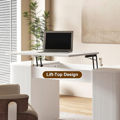homary Modern 59.8" Standing Desk with Lift-Top & Ample Storage, Fluted Engineered Wood Home Office Desk with 2 Doors, White