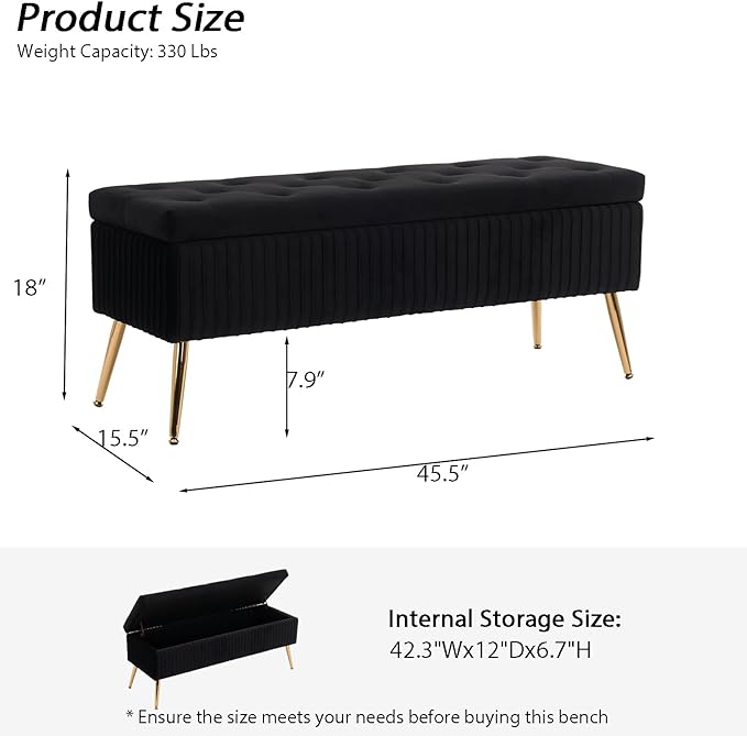Velvet Storage Bench for Bedroom, Upholstered End of Bed Bench Modern Tufted Ottoman with Gold Legs for Living Room/Window/Entryway (Black, Rectangle-45.5" W)