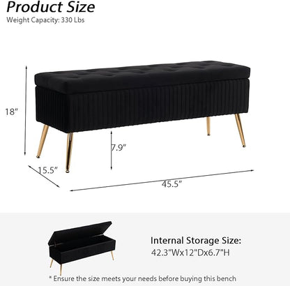 Velvet Storage Bench for Bedroom, Upholstered End of Bed Bench Modern Tufted Ottoman with Gold Legs for Living Room/Window/Entryway (Black, Rectangle-45.5" W)